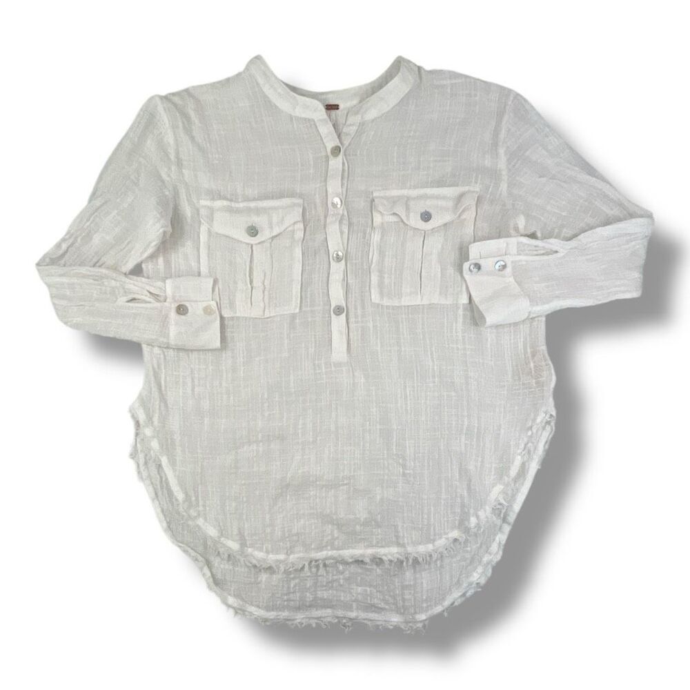 Free People Talk To Me Lightweight Sheer Gauzy Button Down Blouse Top Size Mediu